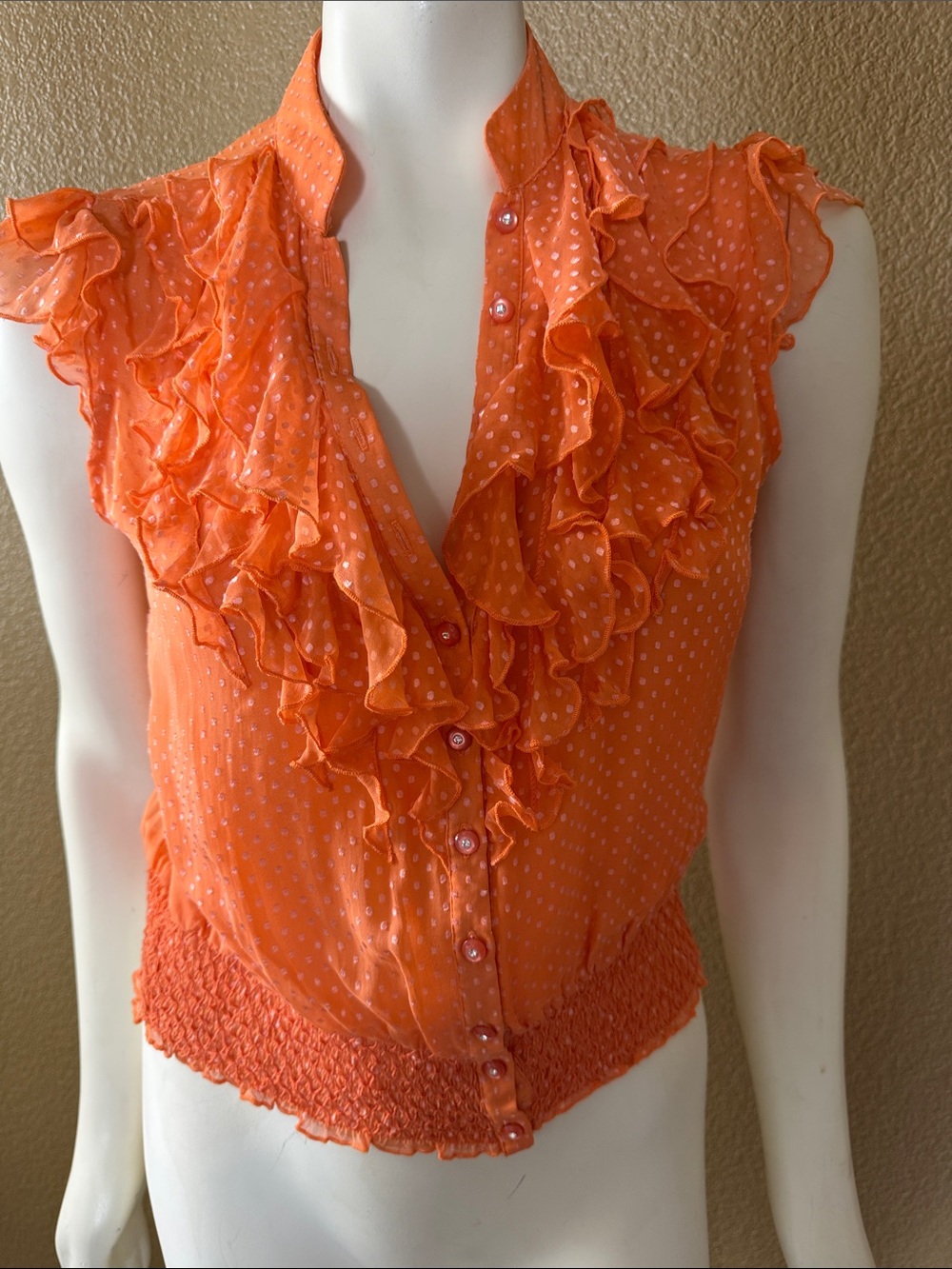 Orange Ruffle Front Sleeveless Blouse - Women